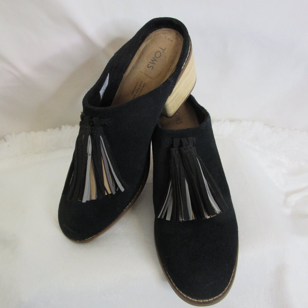 Toms Leila Tassel Suede Mules 3" Block Wood Heel Women's Size 8.5M